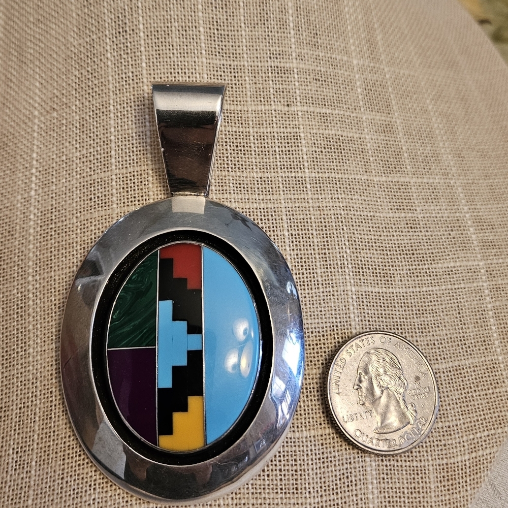 Pendant Signed Sterling Silver multi-stone inlay Southwestern / Native American